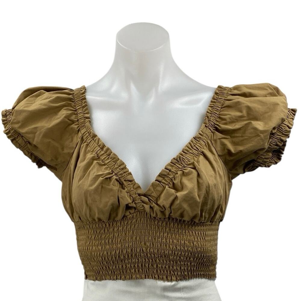 Danielle Bernstein Brown V-neck Smocked Short Puff Sleeve Crop Blouse Top Size M